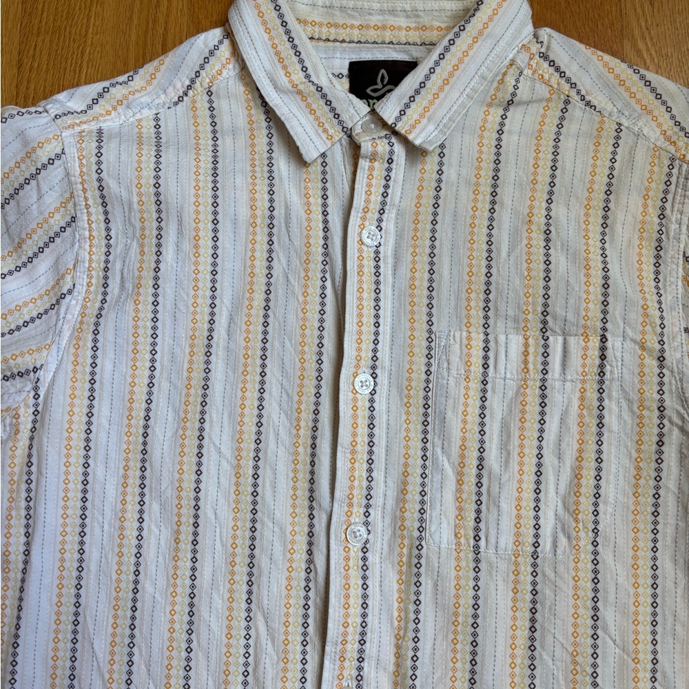 Prana Men's Striped Shirt in White, Orange, Yellow, and Brown